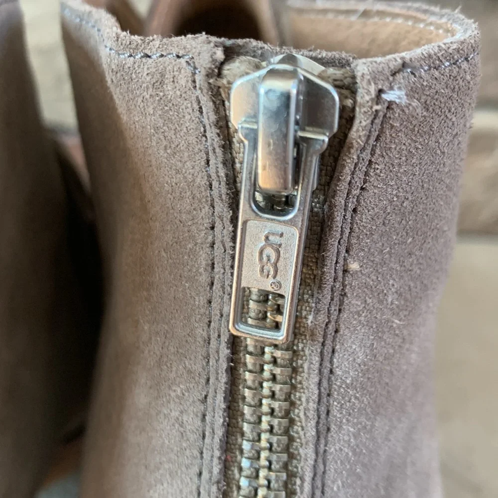 UGG sz 9 taupe heeled booties with front fringe and rubber heel